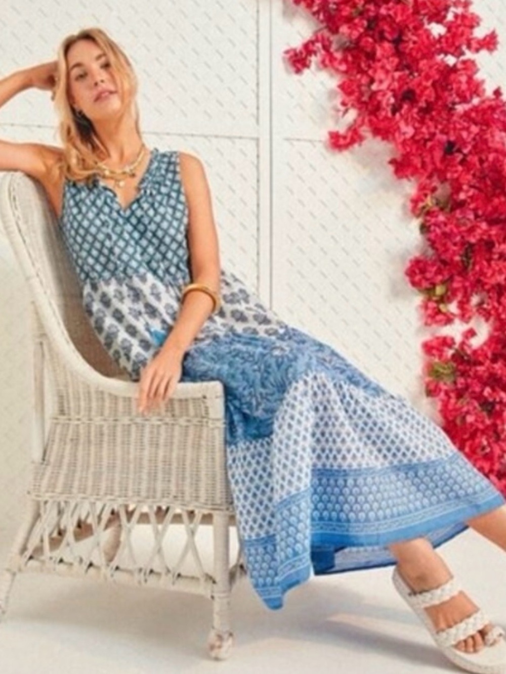 Tuckernuck Bahama blue block print salty Paloma calf tan dress size M